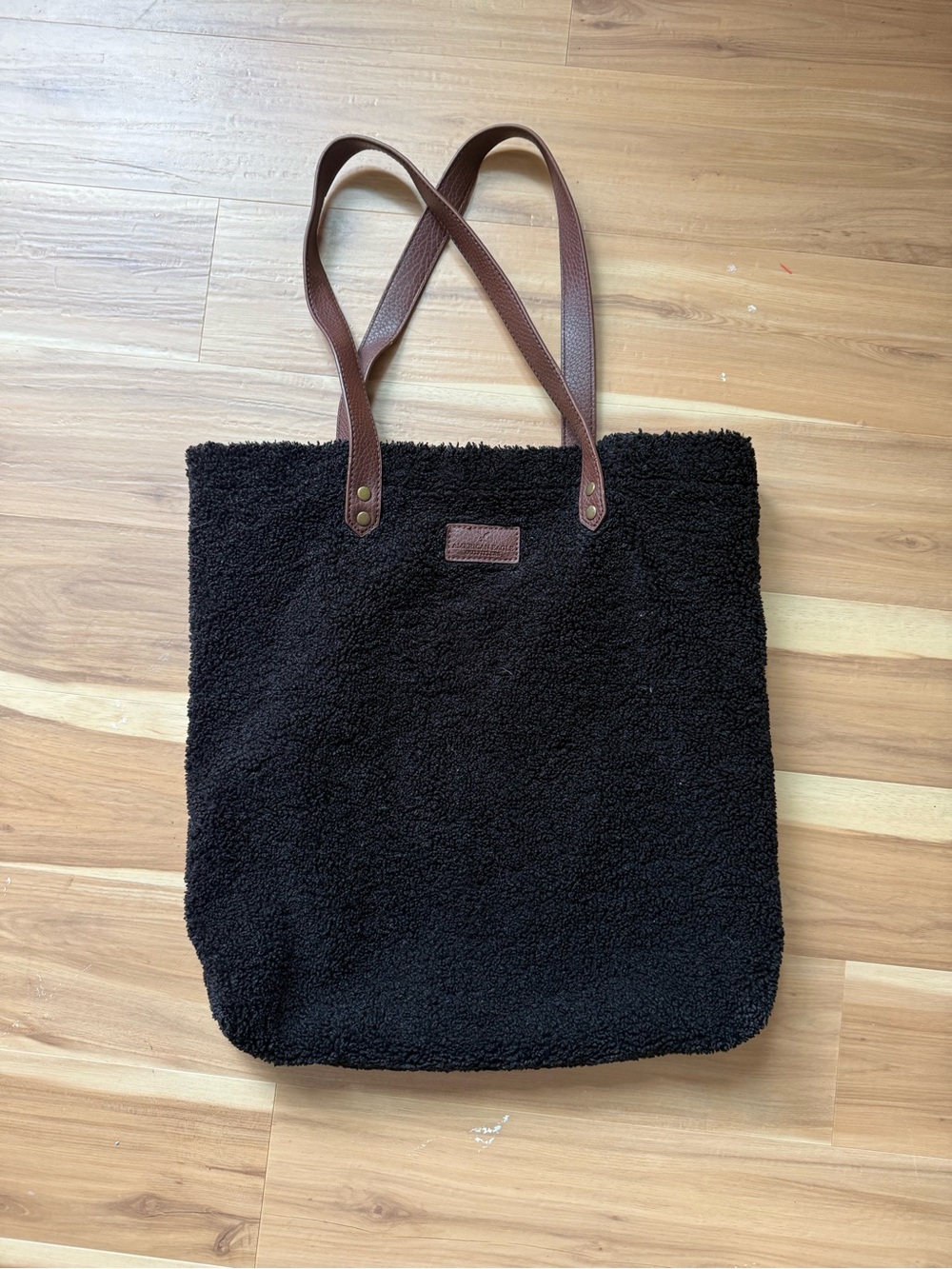 American Eagle Outfitters Black Sherpa Tote with Brown Handles